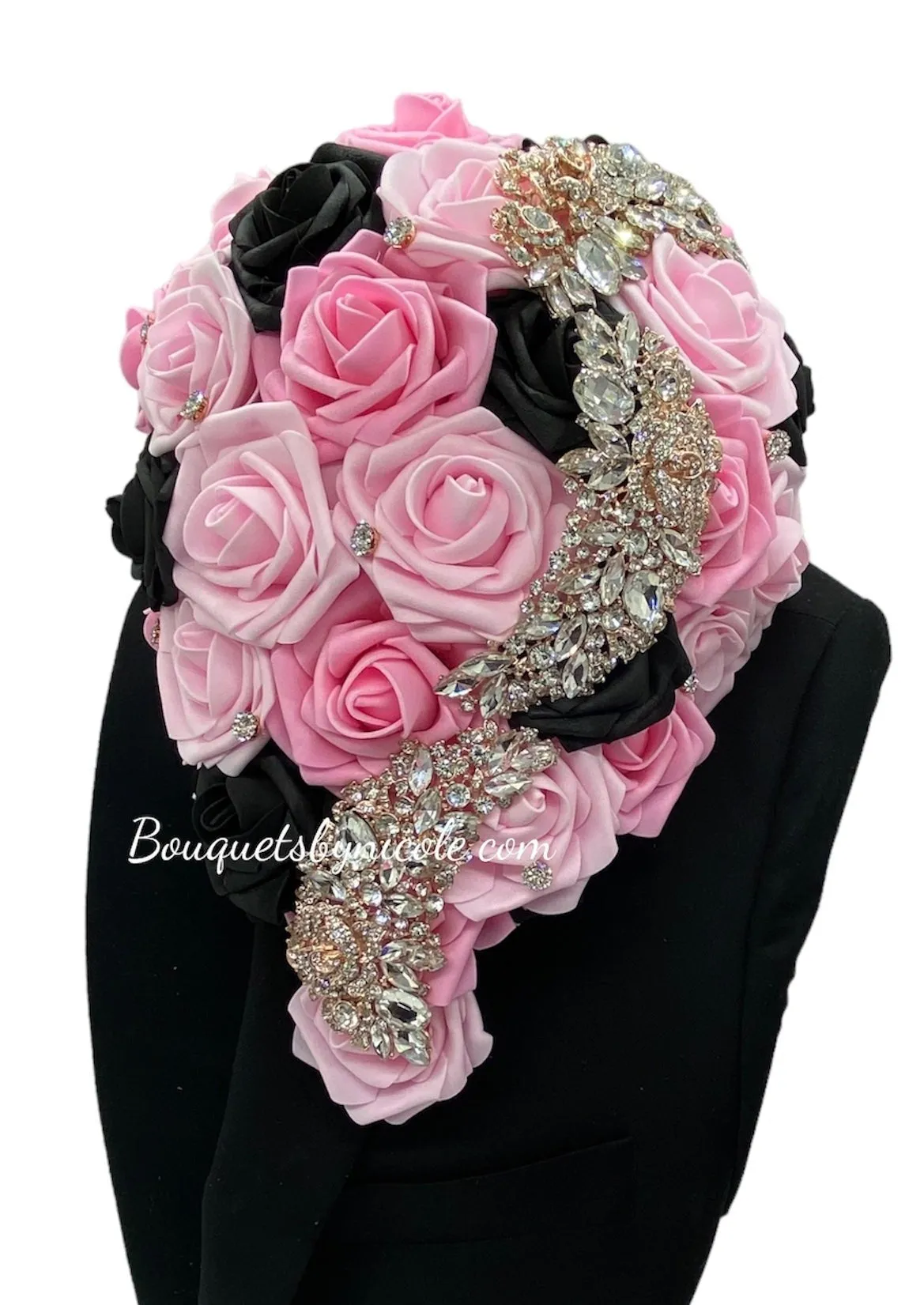 01RT - Cascade Waterfall Pink Black Real Touch Foam Roses Brooch Bouquet