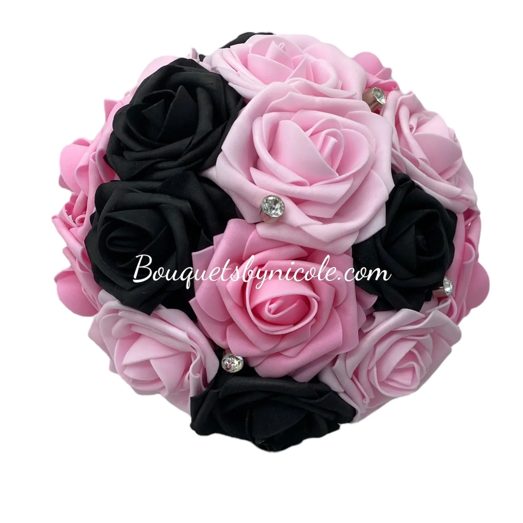 01RT - Cascade Waterfall Pink Black Real Touch Foam Roses Brooch Bouquet