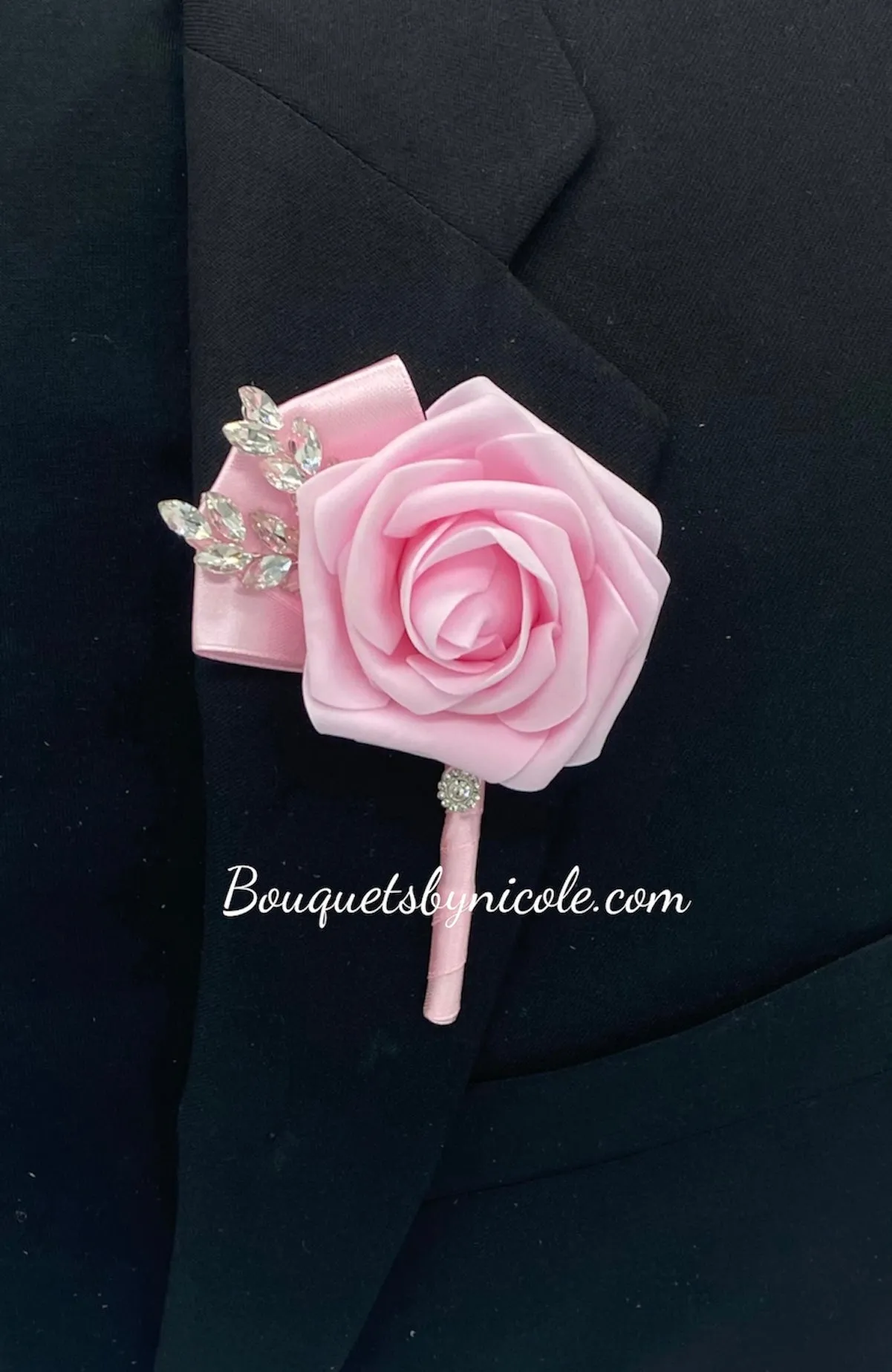 01RT - Cascade Waterfall Pink Black Real Touch Foam Roses Brooch Bouquet