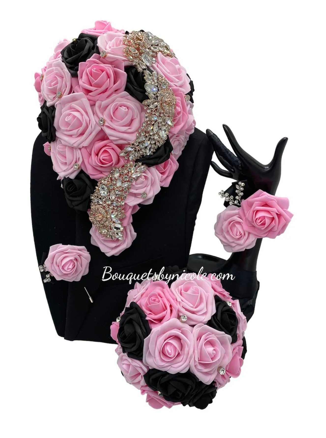 01RT - Cascade Waterfall Pink Black Real Touch Foam Roses Brooch Bouquet