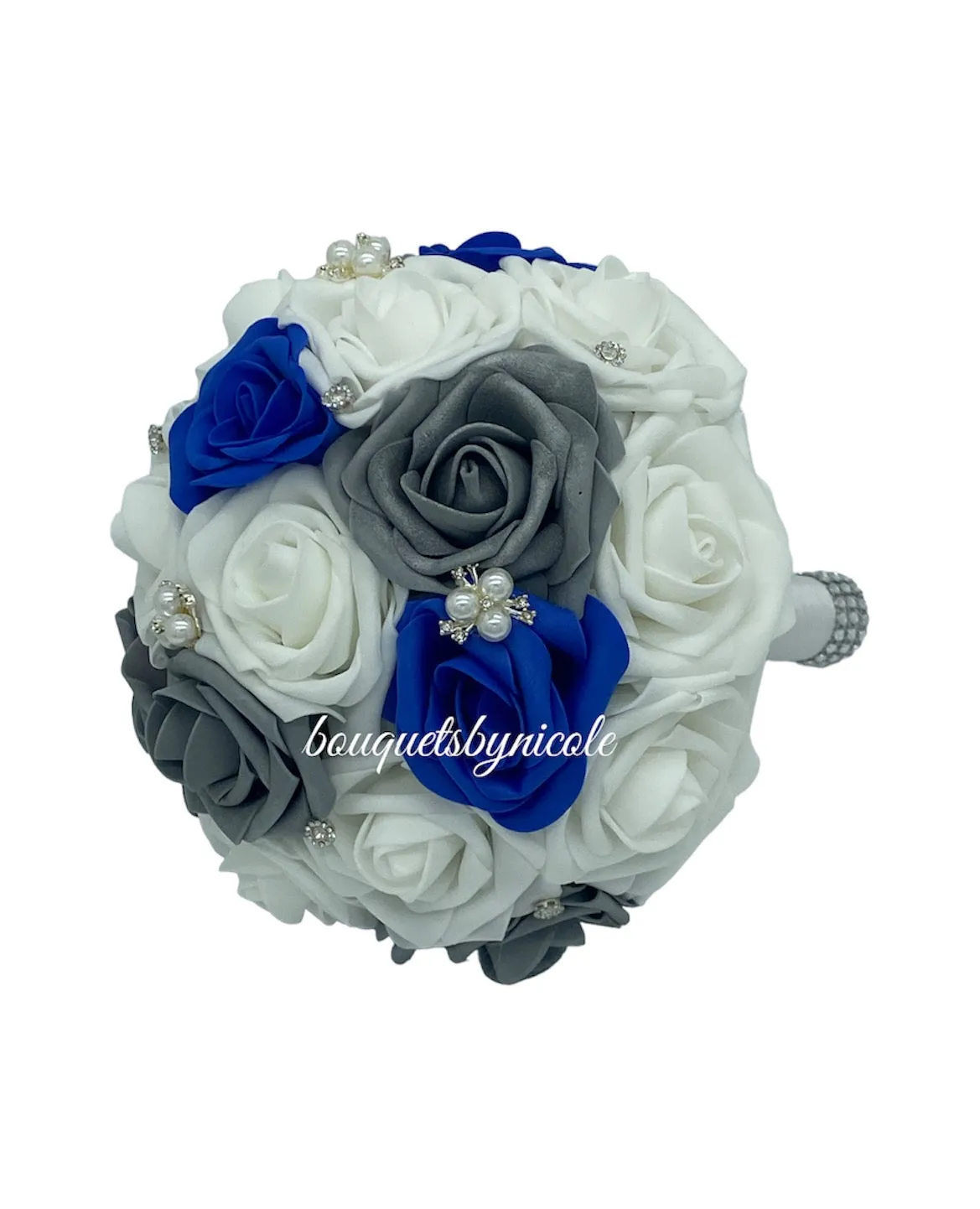 02RT - Real Touch Foam Roses Brooch Bouquet White Royal Blue