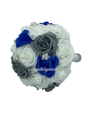 02RT - Real Touch Foam Roses Brooch Bouquet White Royal Blue