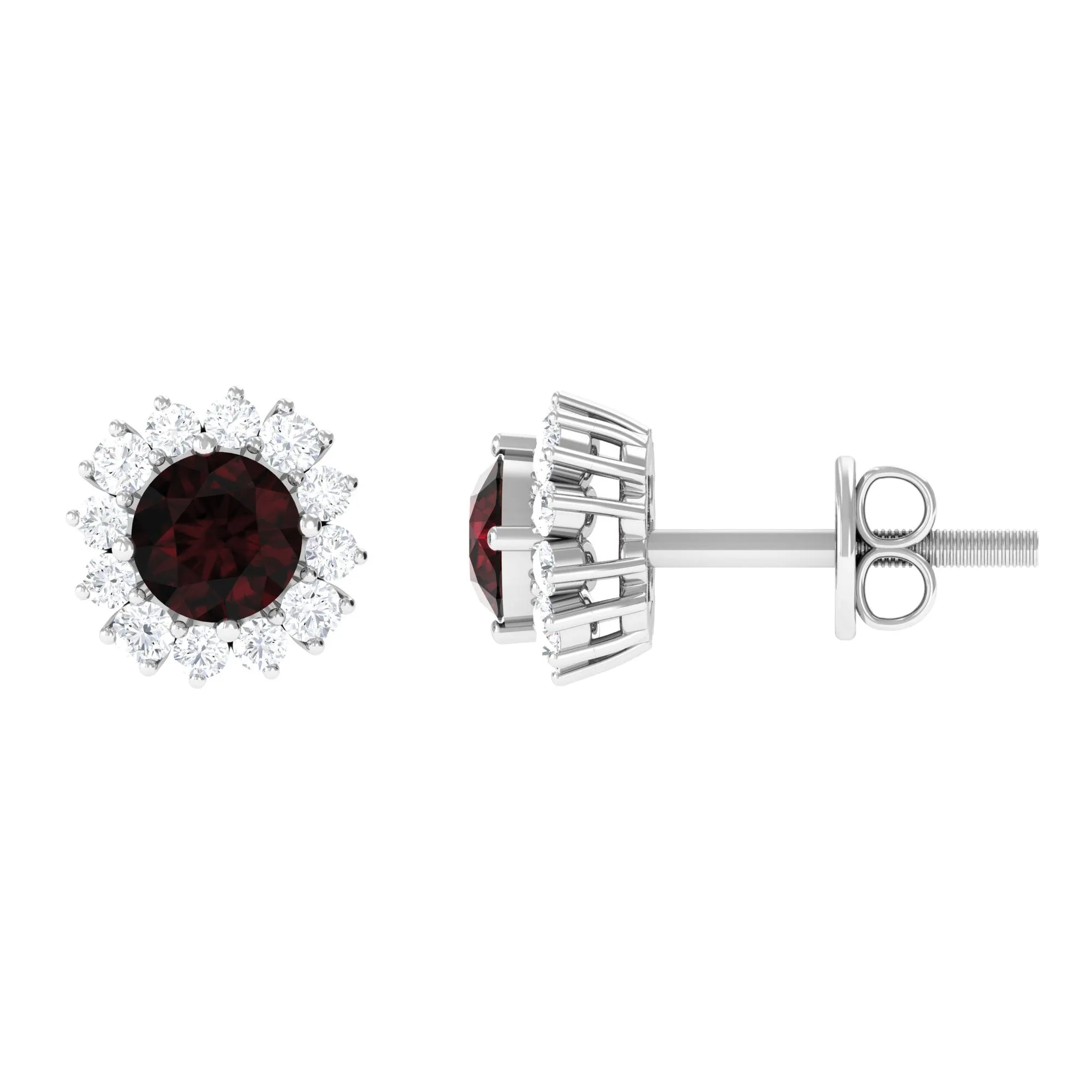 1 CT Garnet and Diamond Classic Halo Stud Earrings with Screw Back