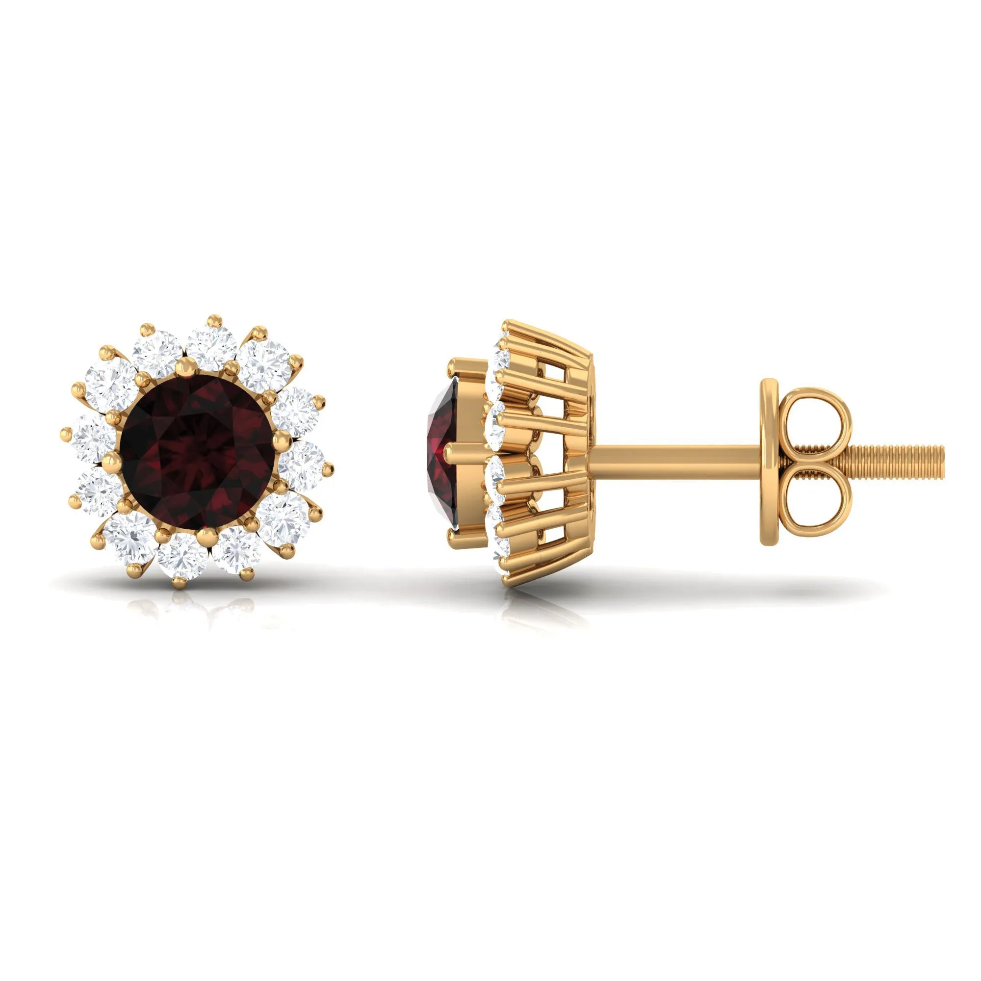 1 CT Garnet and Diamond Classic Halo Stud Earrings with Screw Back