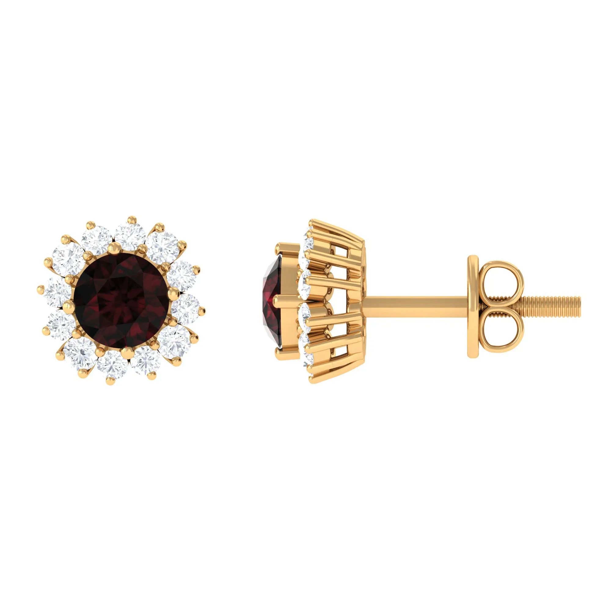 1 CT Garnet and Diamond Classic Halo Stud Earrings with Screw Back