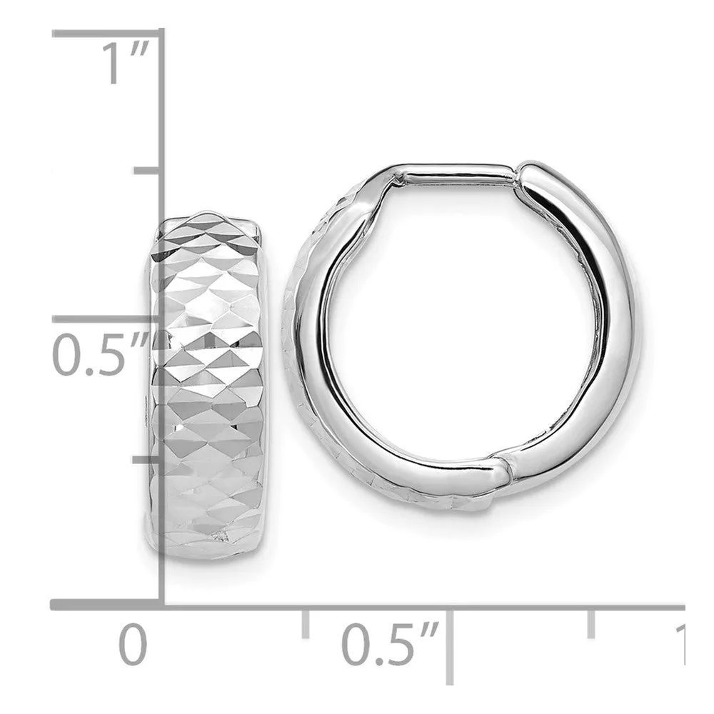 10KT White Gold 14X17MM Hinged Diamond-cut Hoop Earrings