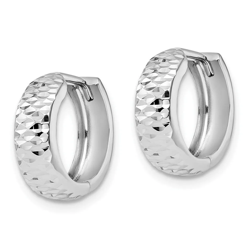 10KT White Gold 14X17MM Hinged Diamond-cut Hoop Earrings