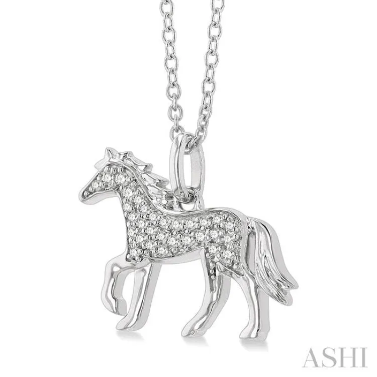 1/10 ctw Petite Horse Round Cut Diamond Fashion Pendant With Chain in 10K White Gold