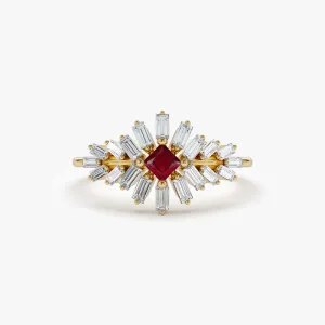 14K Baguette Diamond Ring with a Square Ruby