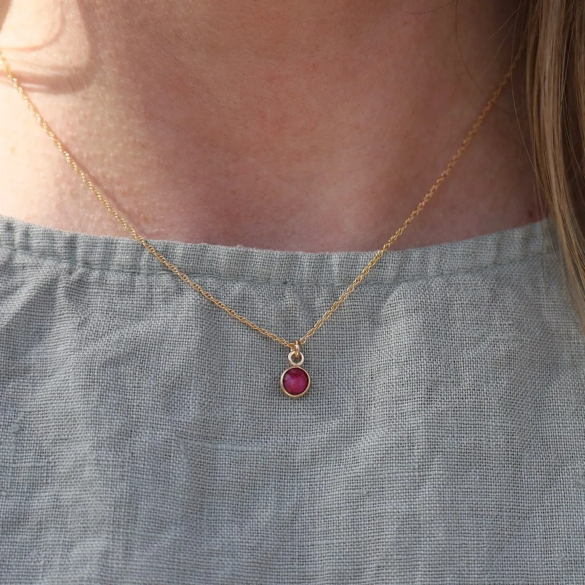 14k Gold Filled Chain with 6mm Bezel-Set Dyed Ruby