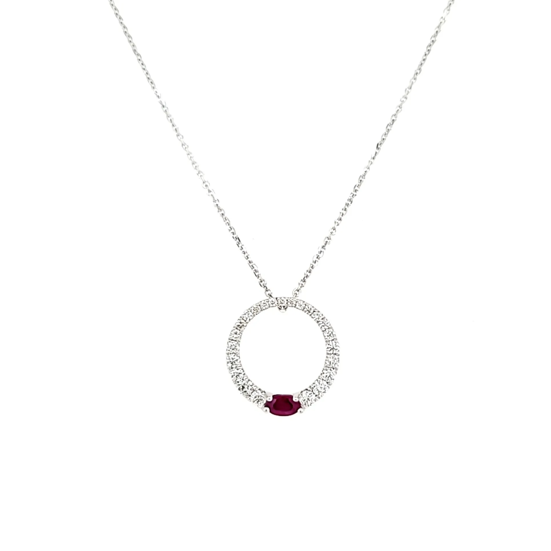 14k White Gold Pave Diamond & Ruby Circle Necklace (I8011)