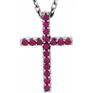 14K White Natural Ruby Petite Cross 16" Necklace