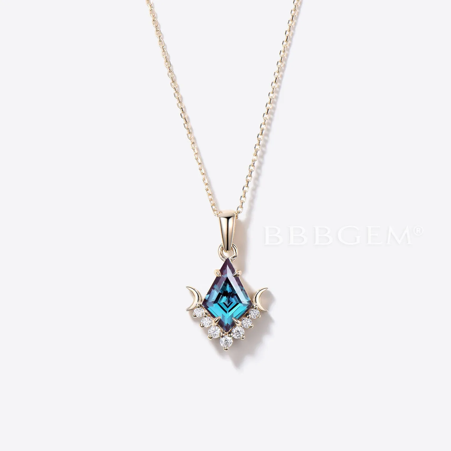 14k Yellow Gold Kite Cut Alexandrite Necklace Moon Diamond Wedding Pendant