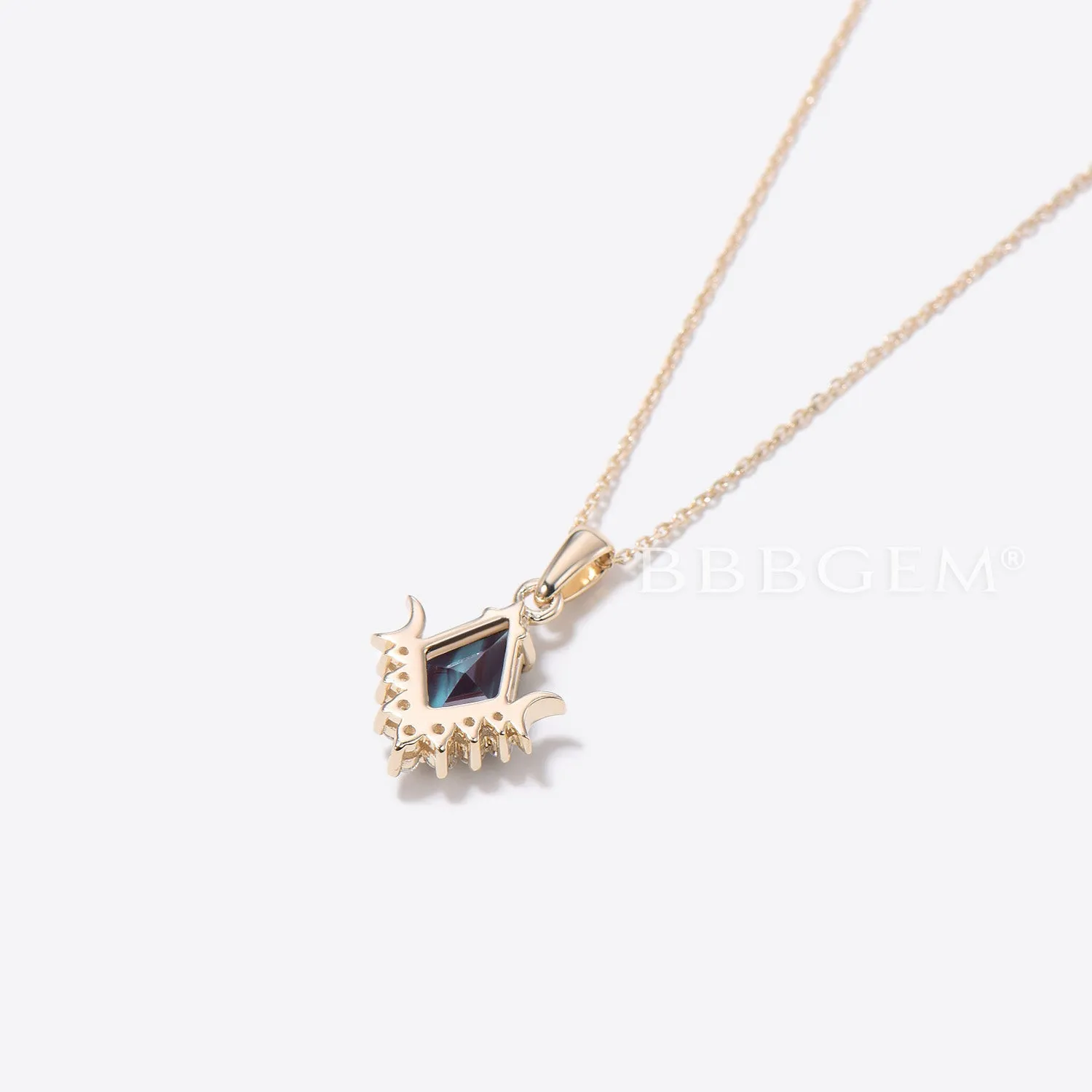 14k Yellow Gold Kite Cut Alexandrite Necklace Moon Diamond Wedding Pendant