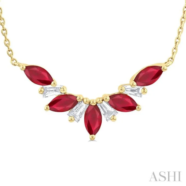 1/6 ctw Marquise Cut 5X3MM Ruby and Baguette Cut Diamond Precious Gemstone Necklace in 14K Yellow Gold