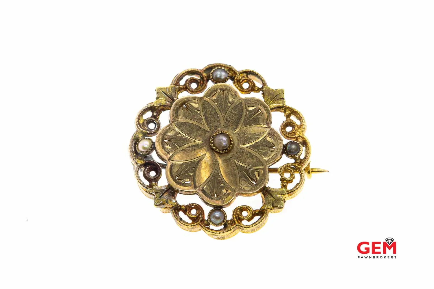 18KT Solid Yellow Gold Seed Pearl Brooch Lapel Pin