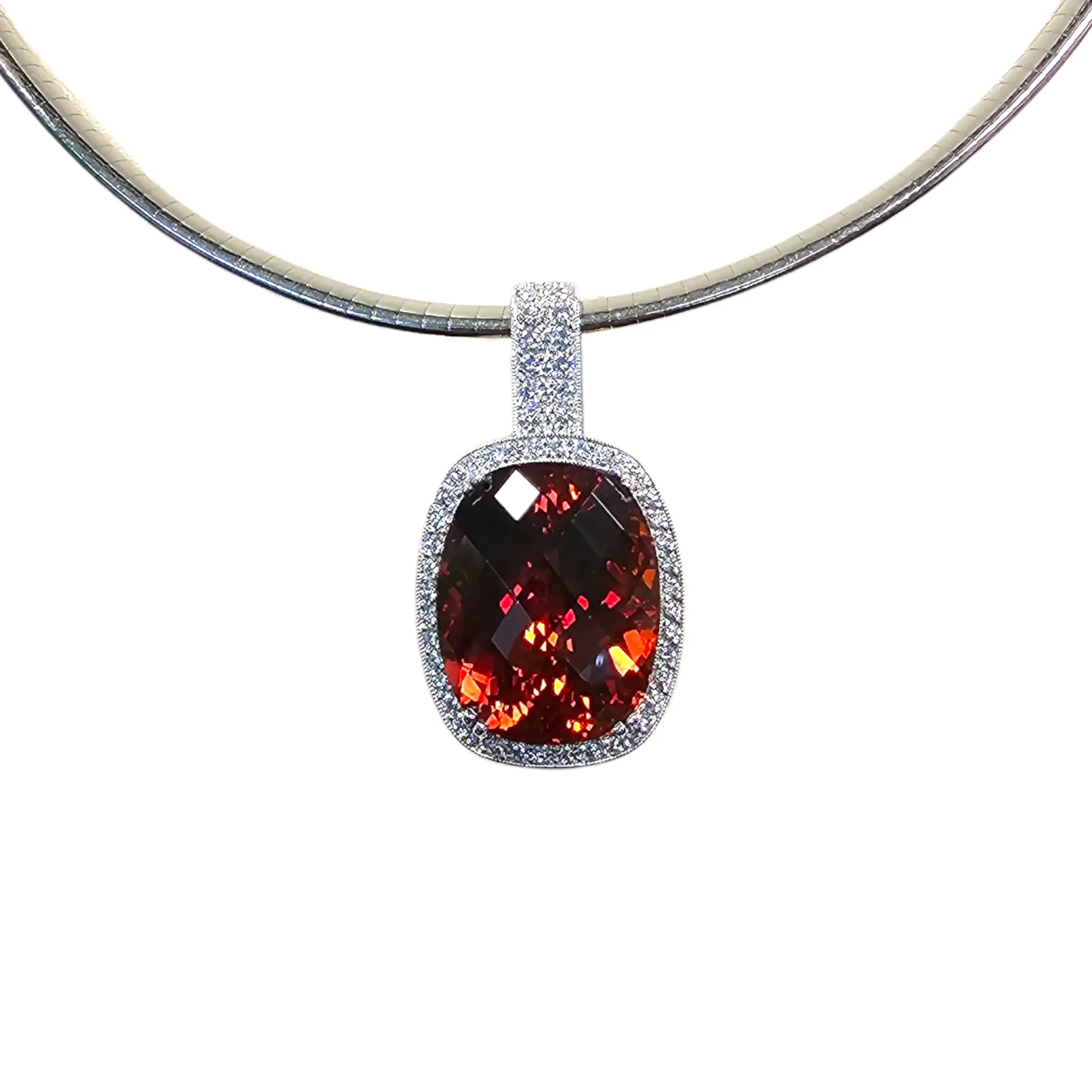 18Kt White Gold Spessartite, Ruby and Diamond Pendant Necklace