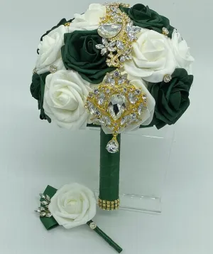 24HR-001 ~ Ready to Ship Emerald Green & Ivory Real Touch Rose Brooch Bridal Bouquet