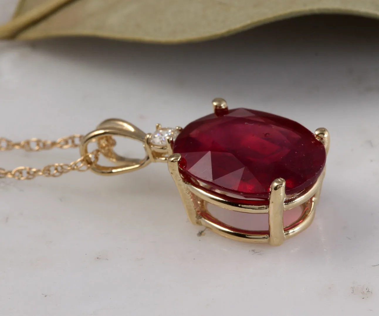 6.05Ct Natural Red Ruby and Diamond 14K Solid Yellow Gold Necklace