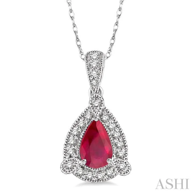 6x4 mm Pear Shape Ruby and 1/10 Ctw Round Cut Diamond Pendant in 14K White Gold with Chain