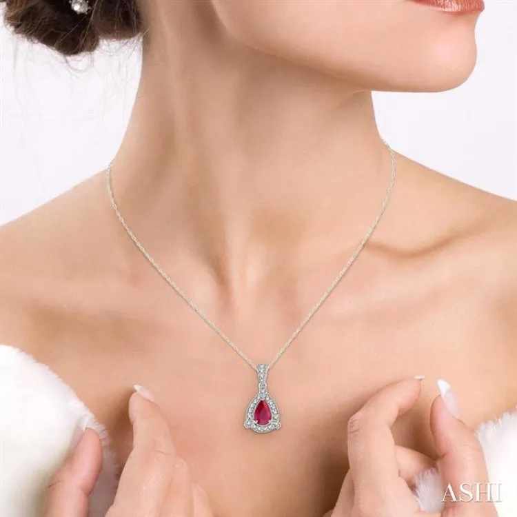 6x4  MM Pear Shape Ruby and 1/10 Ctw Round Cut Diamond Pendant in 14K White Gold with Chain