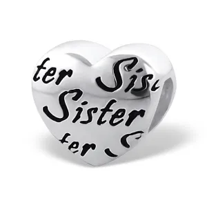 .925 Sterling Silver "Heart Sister"  Charm Spacer Bead for Snake Chain Charm Bracelet