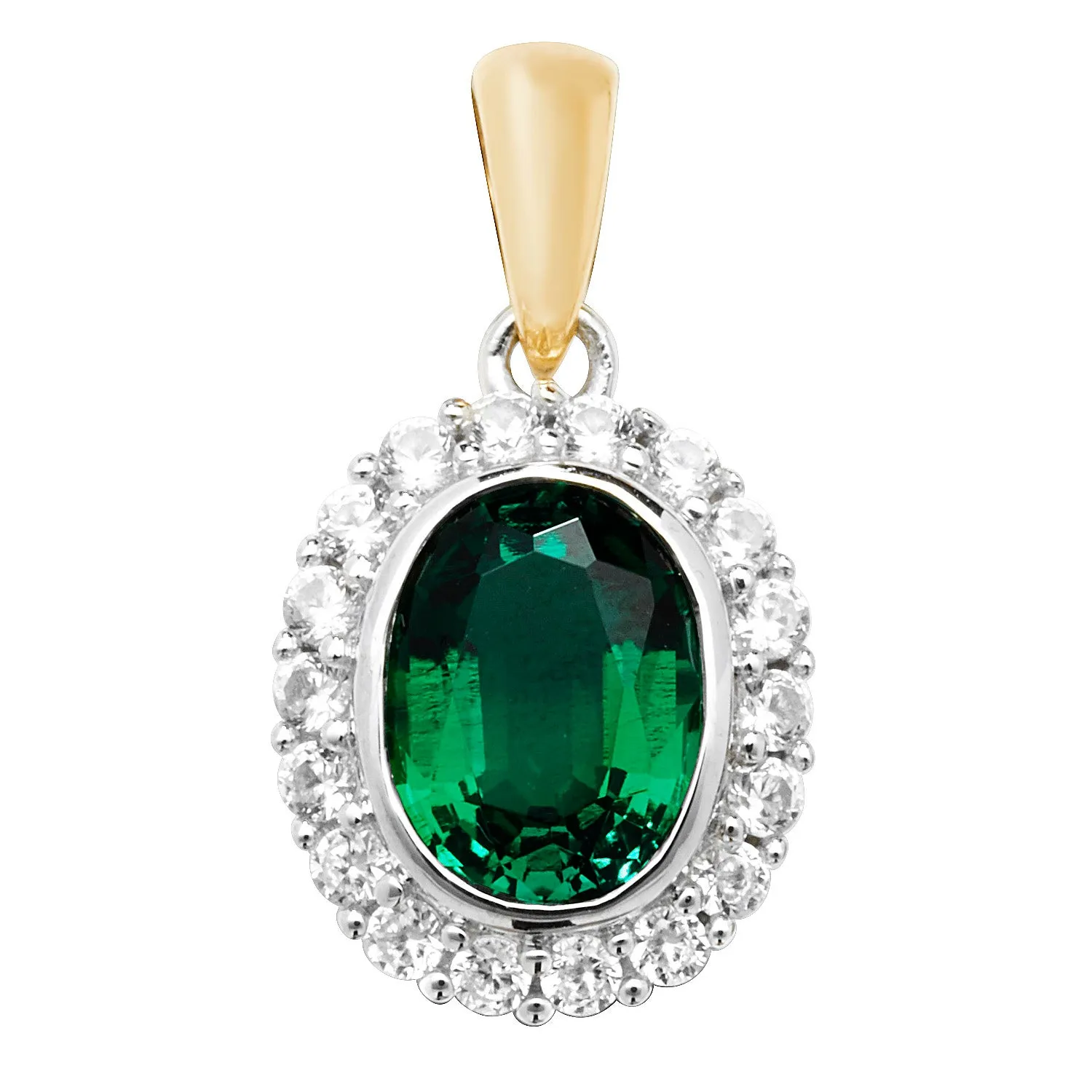 9CT GOLD OVAL CREATED EMERALD AND WHITE SAPPHIRE PENDANT