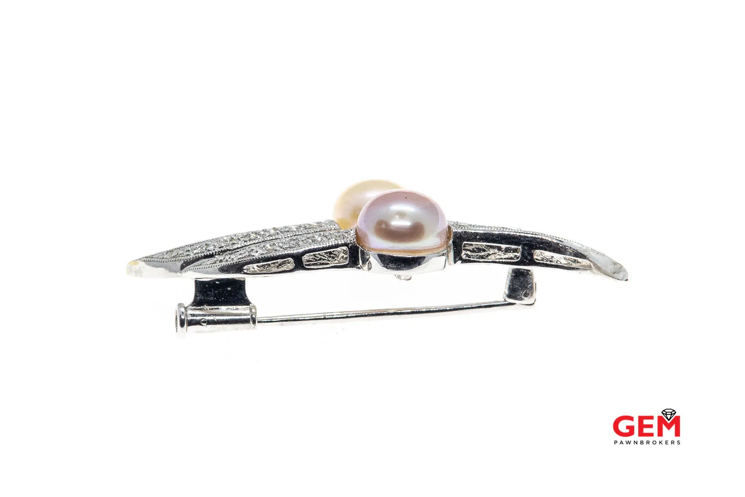 Alopa 18KT Solid White Gold Pin Brooch Diamond Pearl