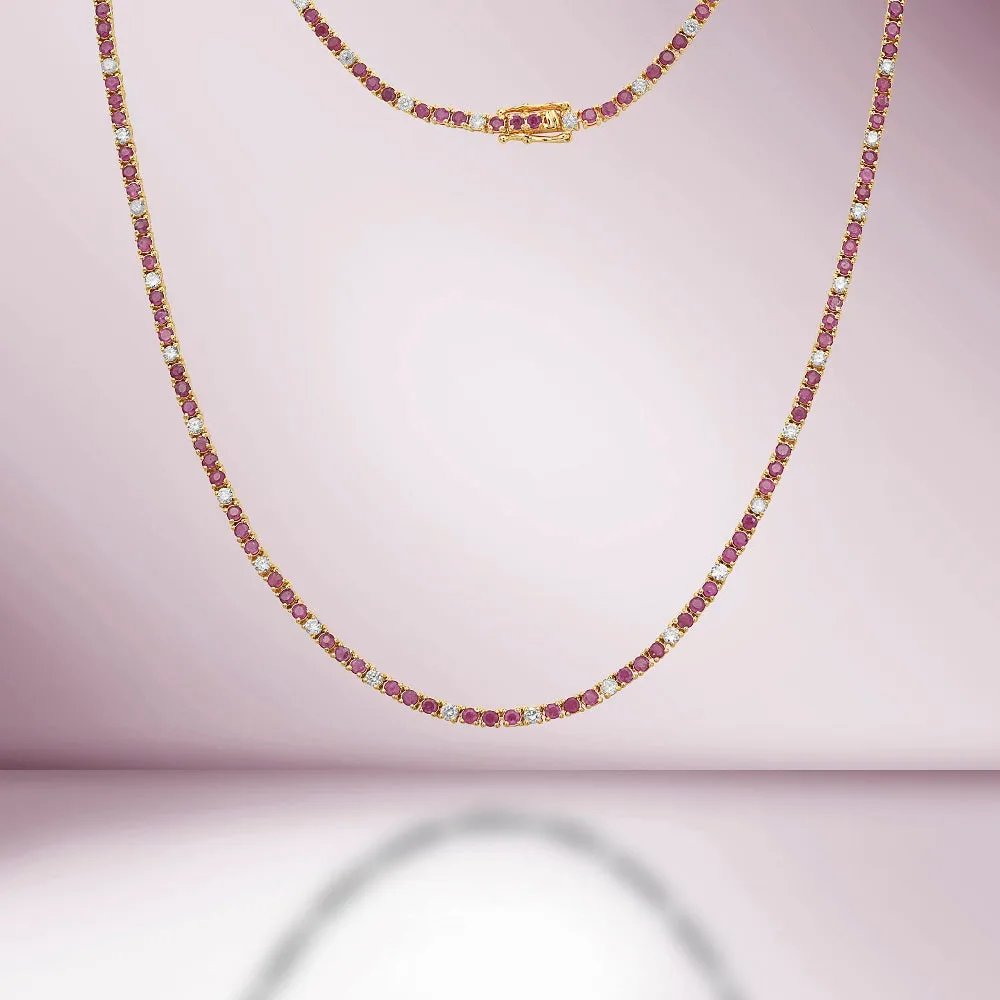 Alternate Ruby & Diamond Tennis Necklace (8.50 ct.) 4-Prongs Setting in 14K Gold