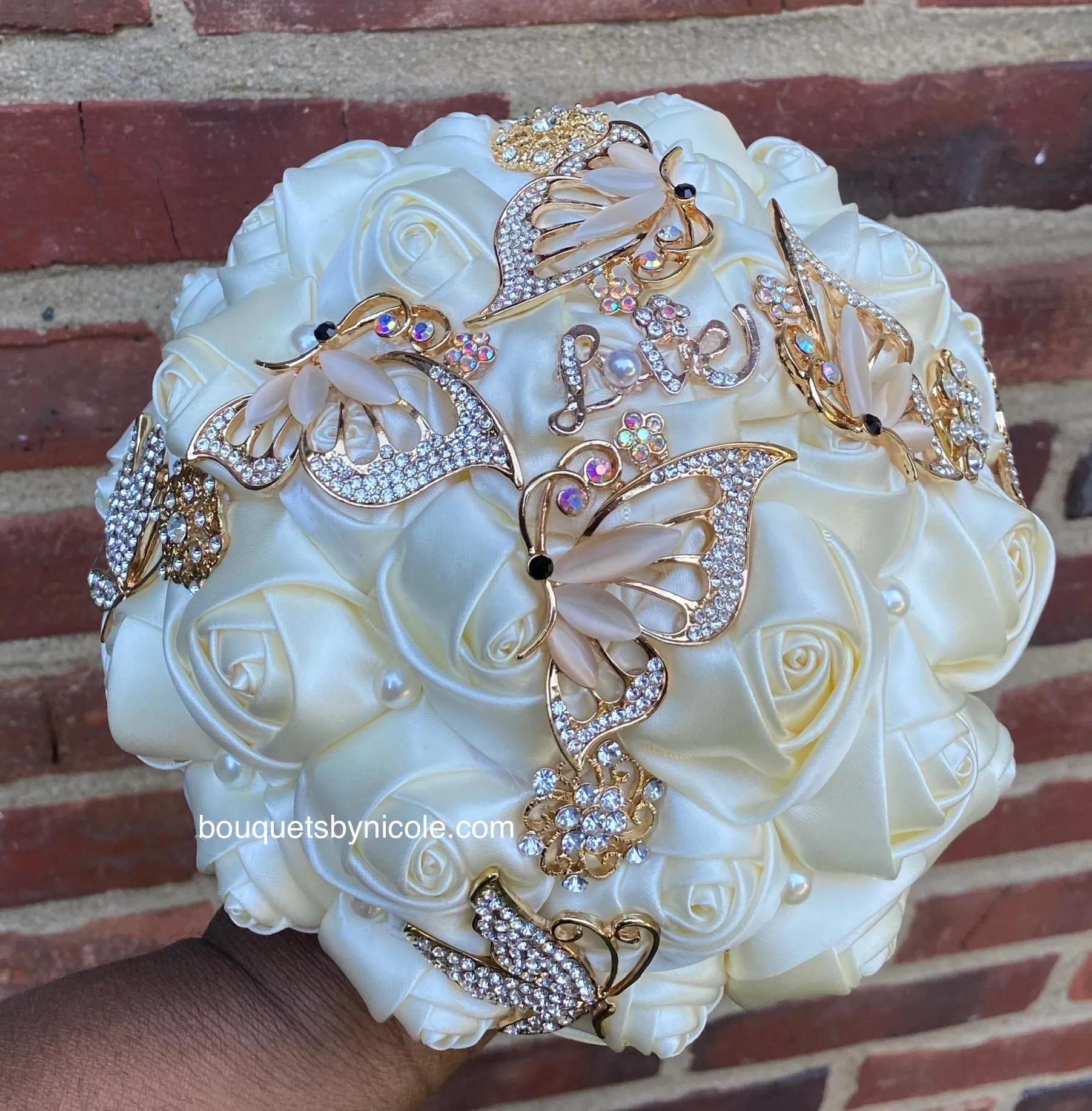 ANA -Butterflies & Roses Satin Rose Gold Brooch Bouquet or DIY KIT