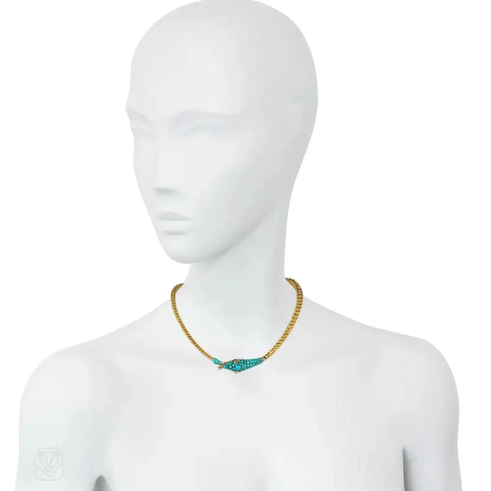 Antique gold and turquoise snake necklace