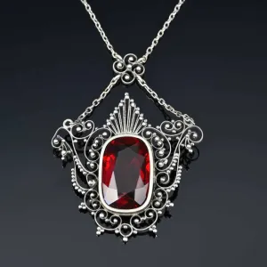 Antique Large Cushion Cut Ruby Filigree Necklace