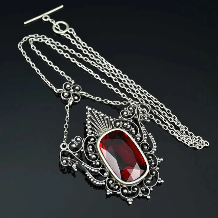 Antique Large Cushion Cut Ruby Filigree Necklace