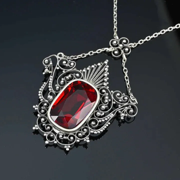 Antique Large Cushion Cut Ruby Filigree Necklace