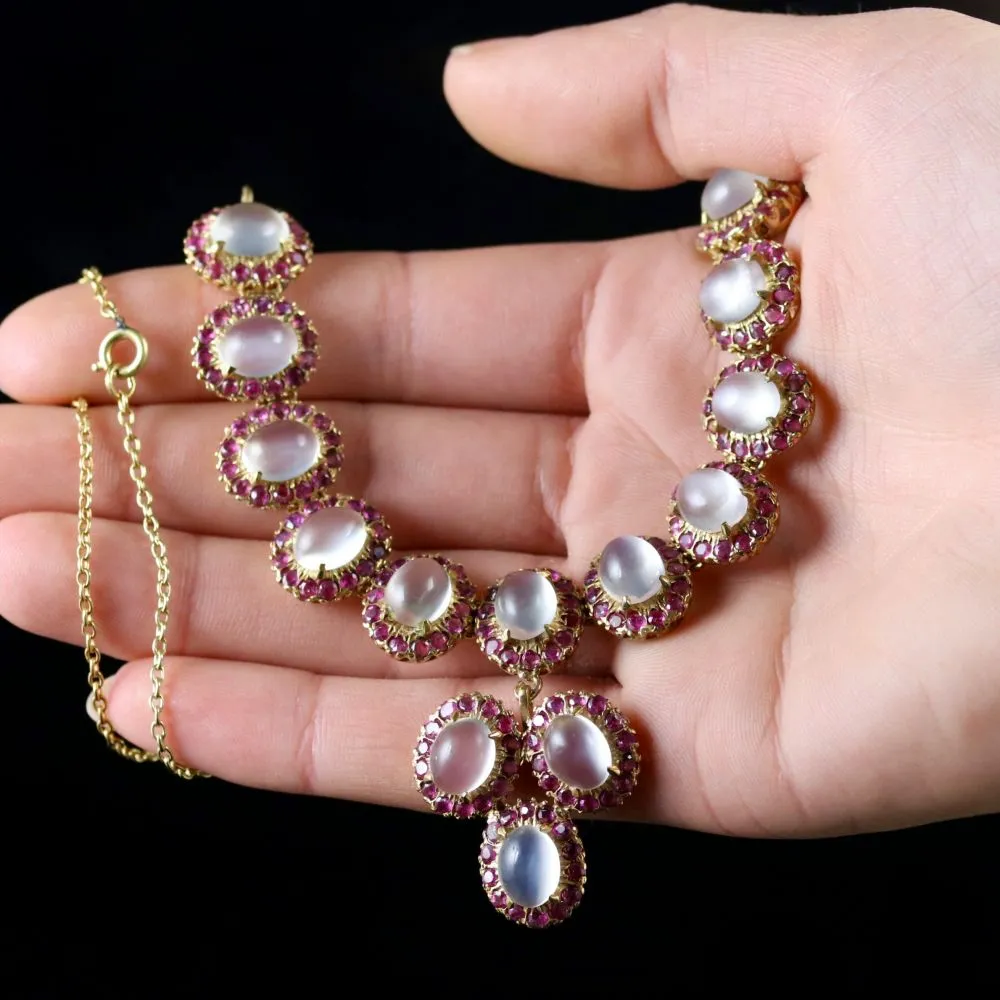 Antique Victorian Moonstone Ruby Gold Silver Necklace