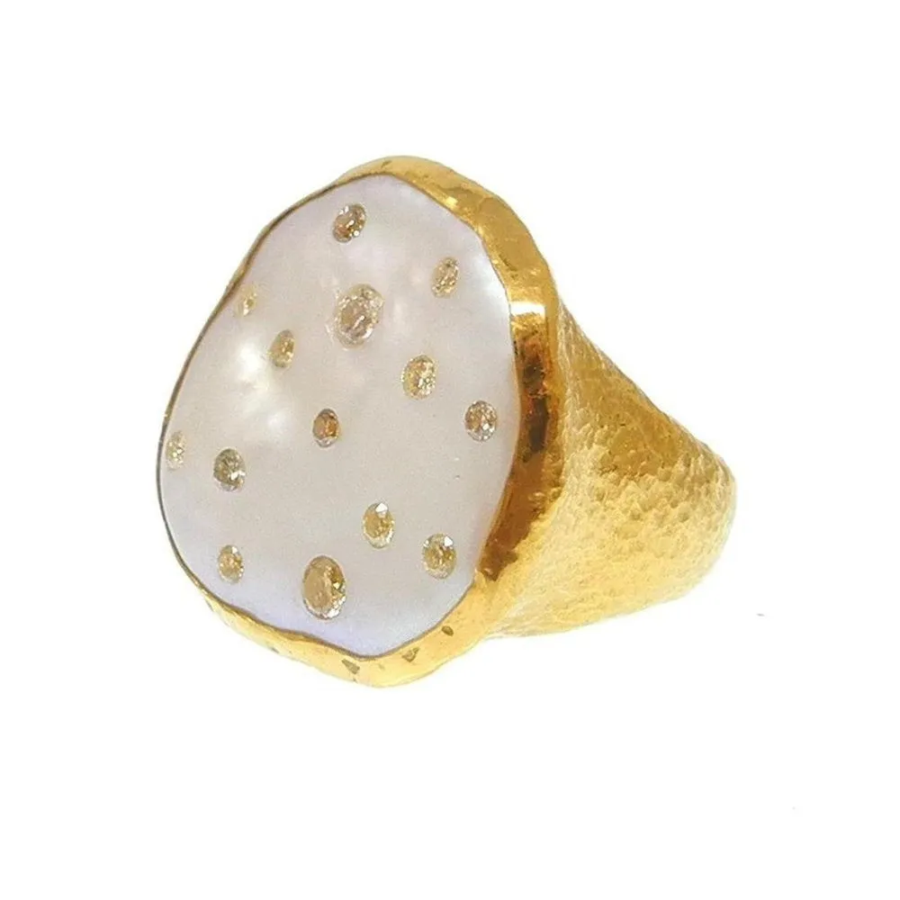 Ara 24k Gold Mabe Pearl and Diamond Ring Size 7