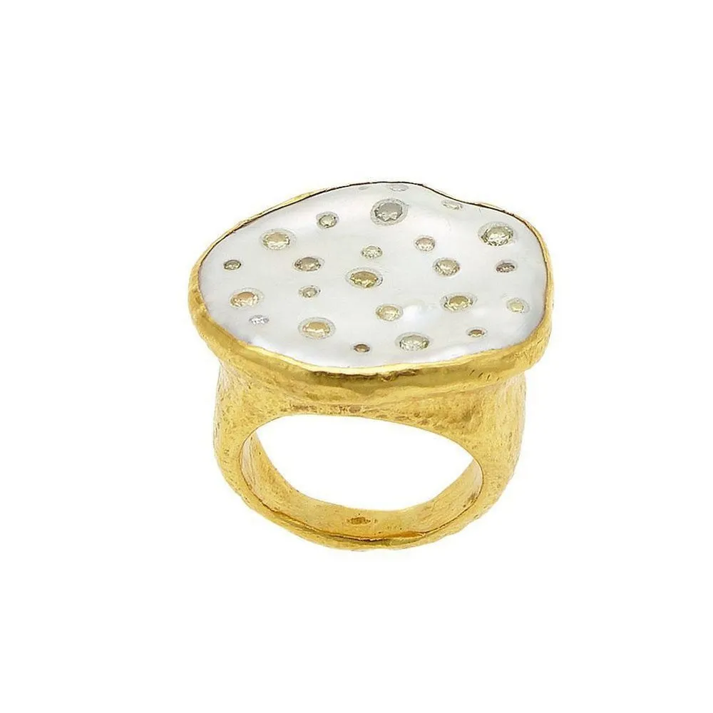 Ara 24k Gold Mabe Pearl and Diamond Ring Size 7