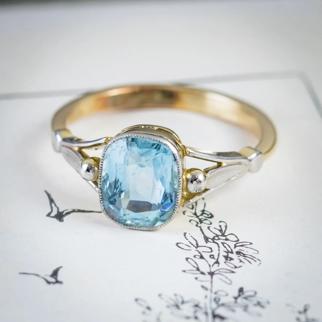 Art Deco Aquamarine Ring 15Ct Gold 1.75Ct Aqua Circa 1925