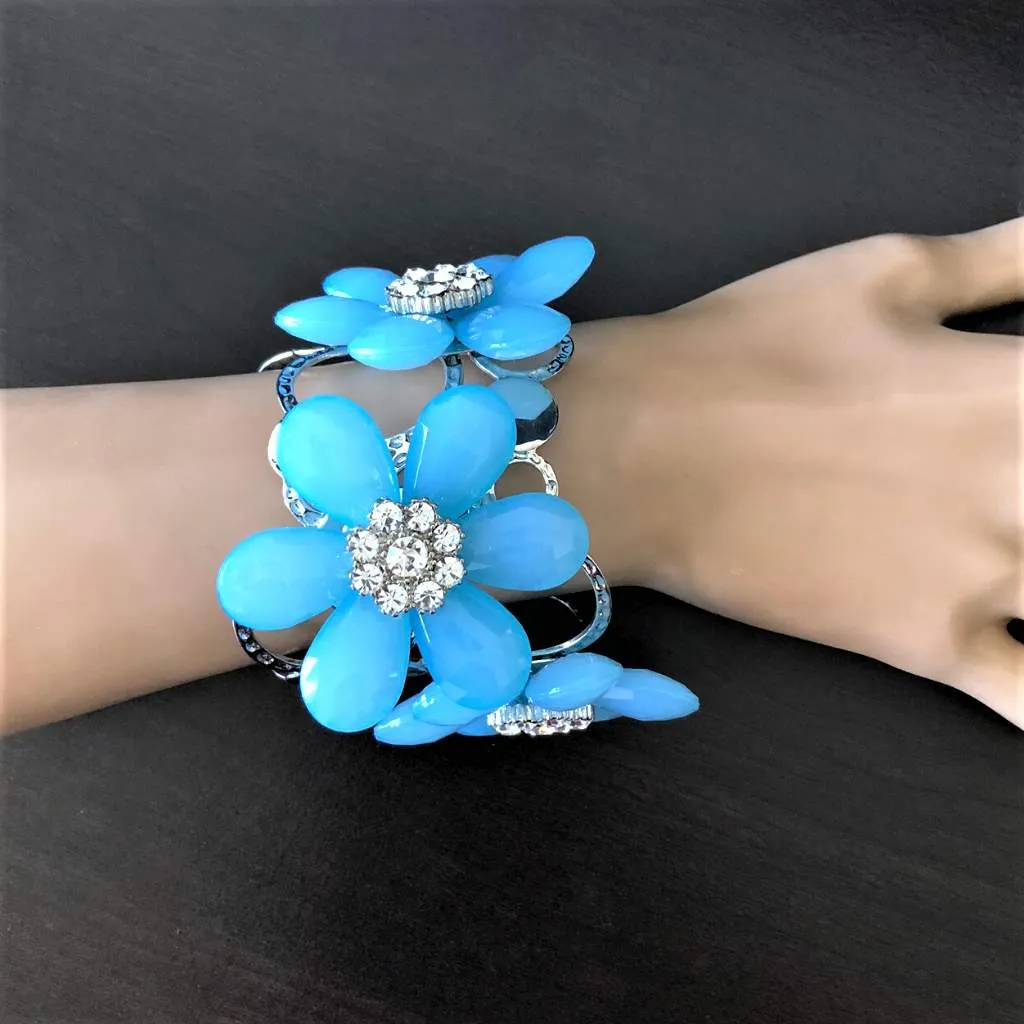 Baby Blue Flower Silver Cuff Bracelet