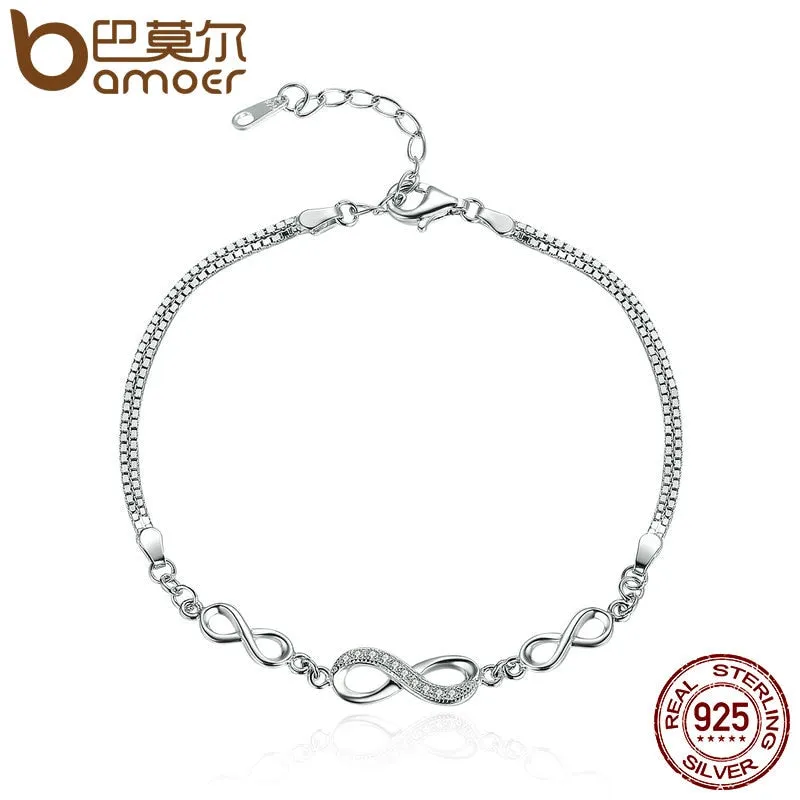 BAMOER Authentic 925 Sterling Silver Endless Love Infinity Chain Link Adjustable Women Bracelet Luxury Silver Jewelry SCB037