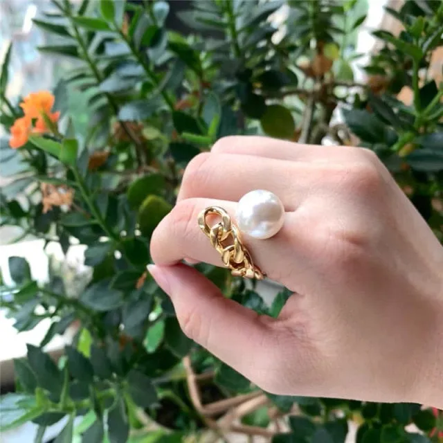 Big Imitation Pearls Gold Rings