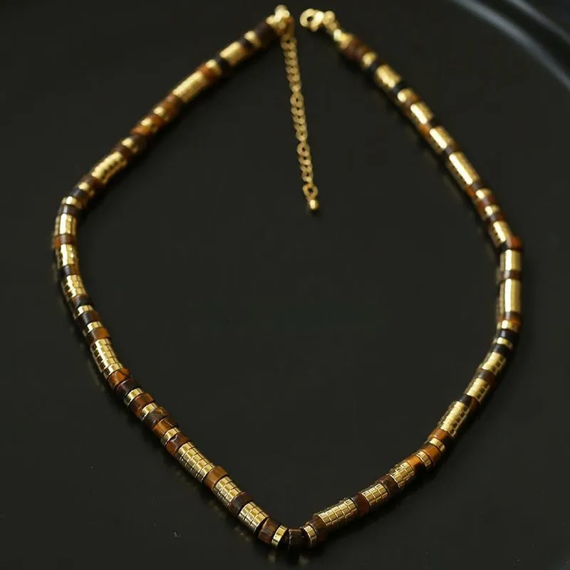 Black Agate Tiger Eye Mother of Pearls Vintage Disc Beaded Necklace