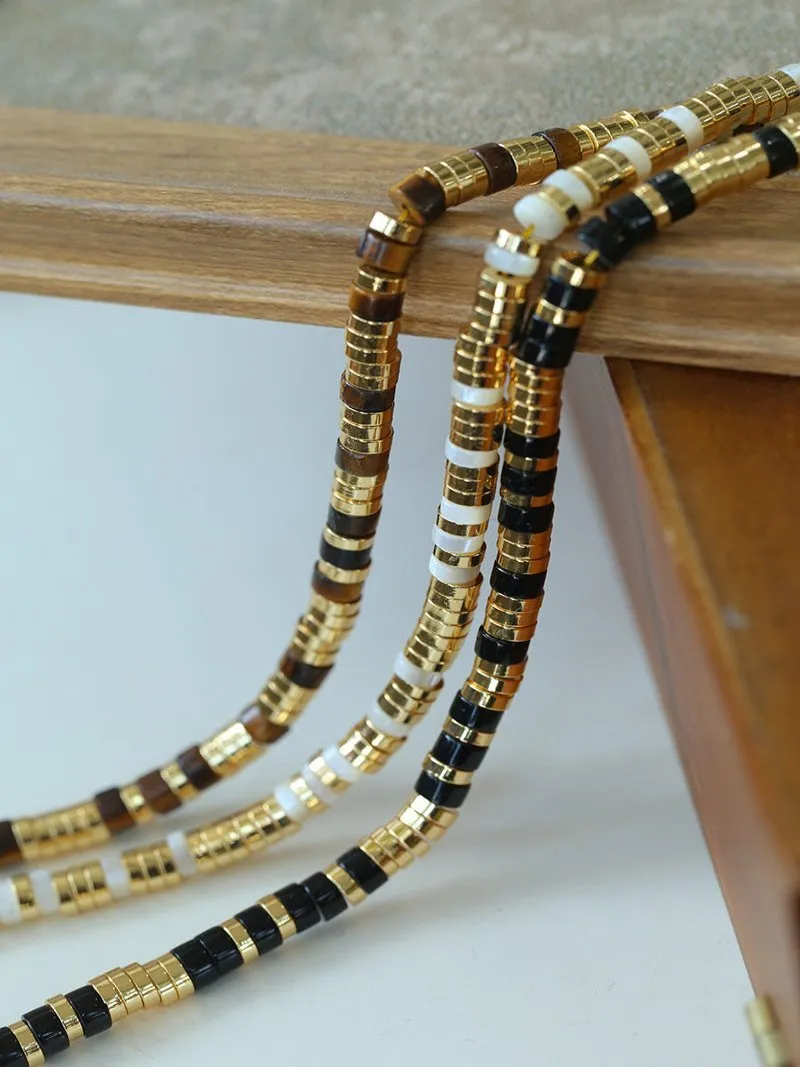 Black Agate Tiger Eye Mother of Pearls Vintage Disc Beaded Necklace