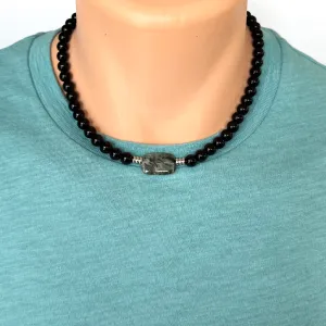 Black Onyx and Prehnite Stone Mens Beaded Necklace