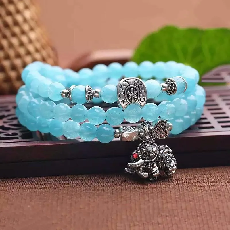 Blue Crystal Bracelets Beads 6mm with Lucky Tibetan Silver Elephant Pendant