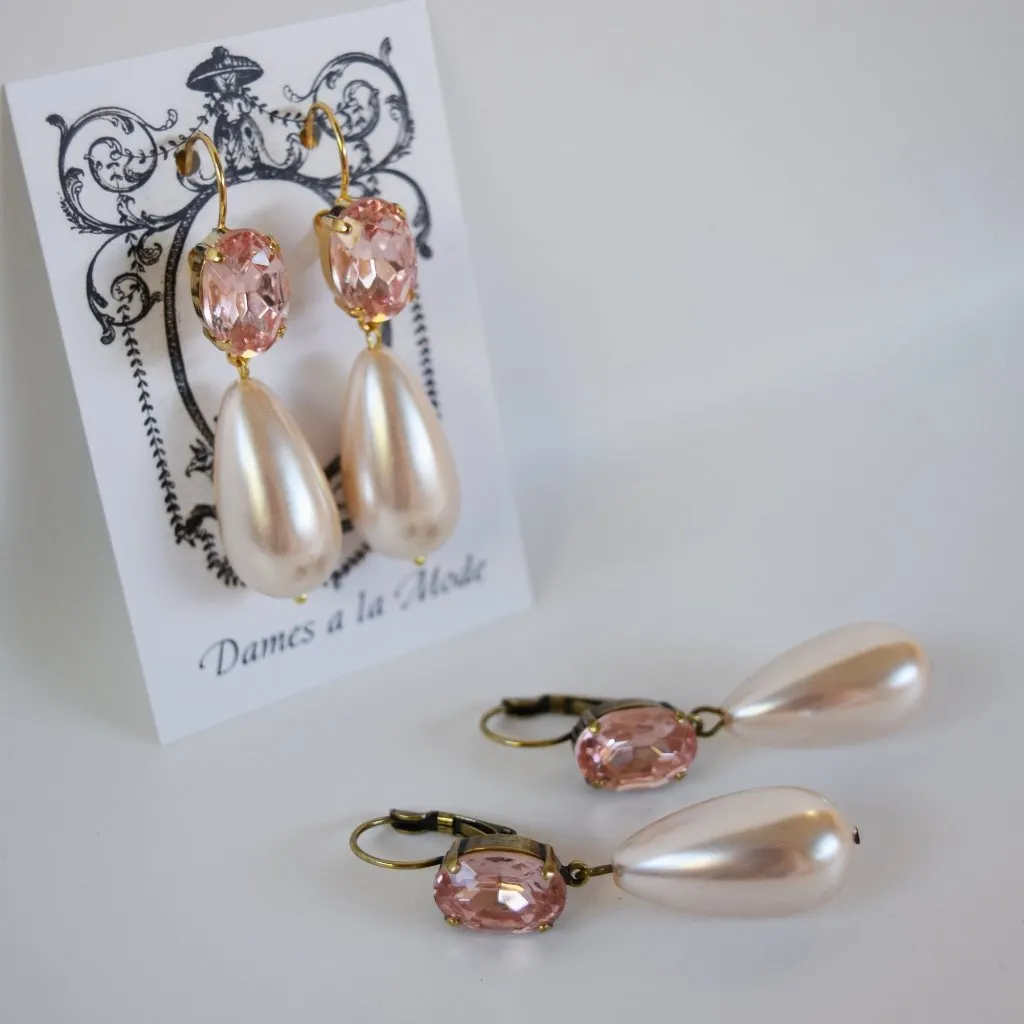 Blush Pink Crystal and Pearl Dangles - Medium Oval Stones, Large Pearls