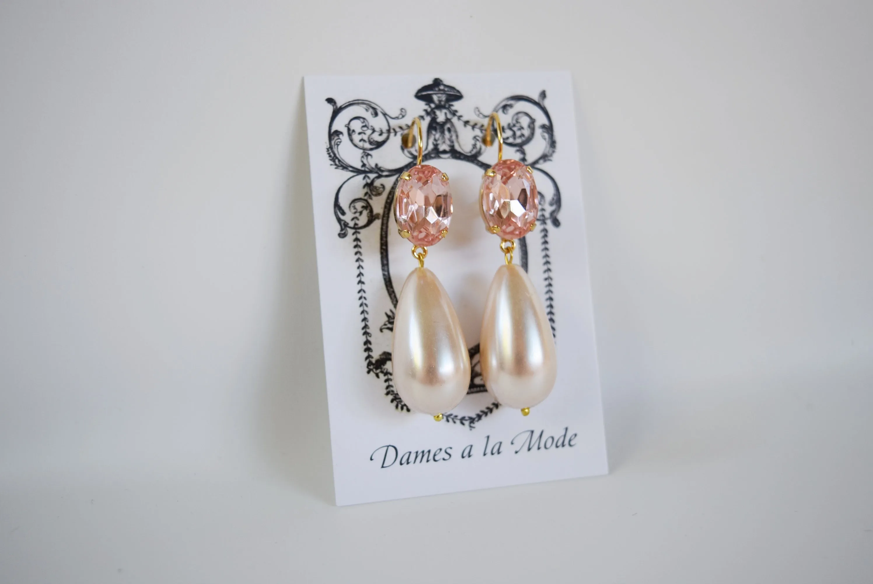 Blush Pink Crystal and Pearl Dangles - Medium Oval Stones, Large Pearls