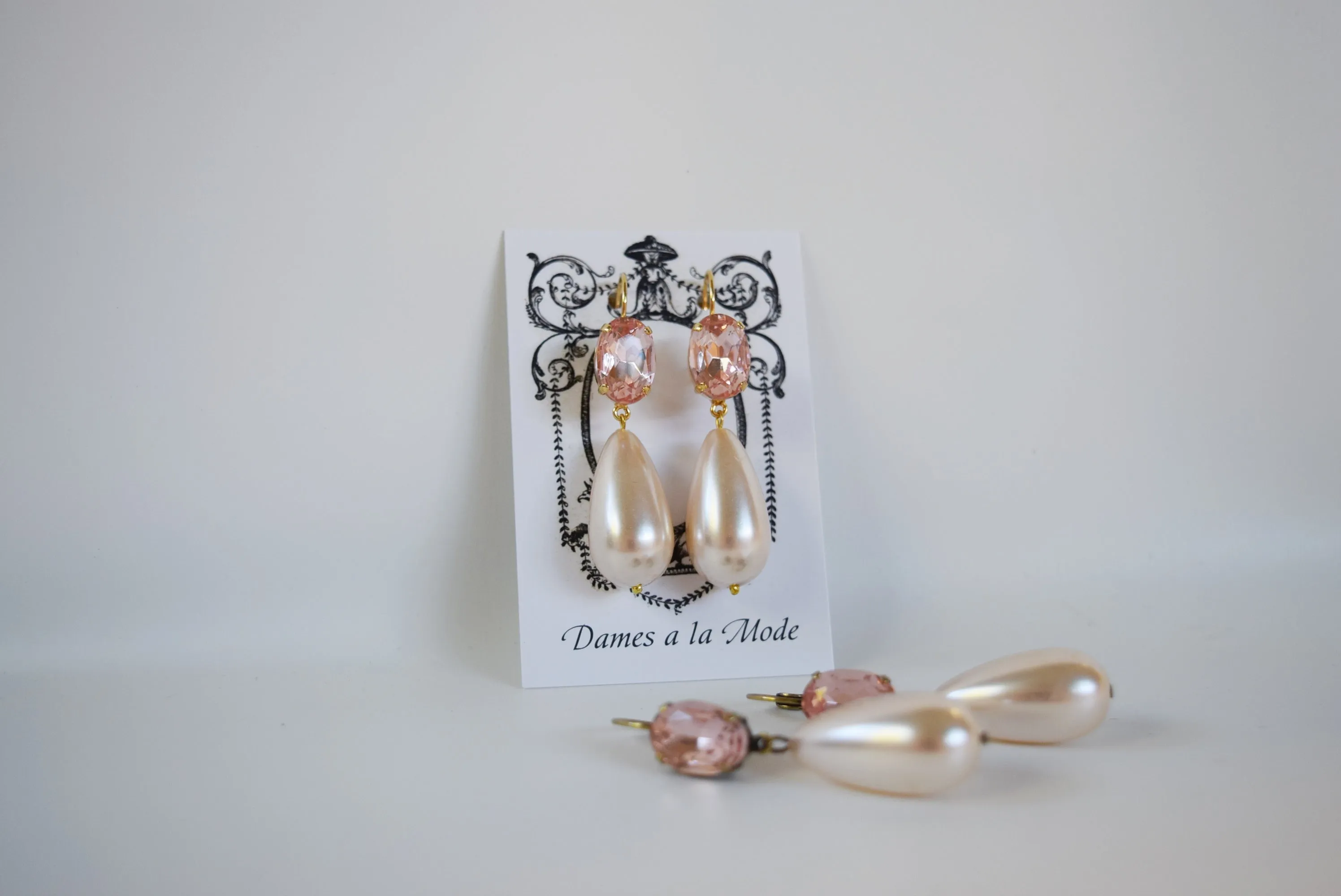 Blush Pink Crystal and Pearl Dangles - Medium Oval Stones, Large Pearls