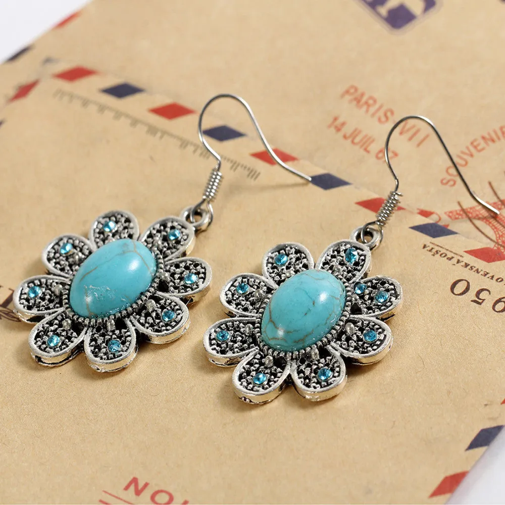 Brand designer New Fashion Simple Geometric flower blue gem Bohemia Retro big Turquoise earrings for women flower long earring