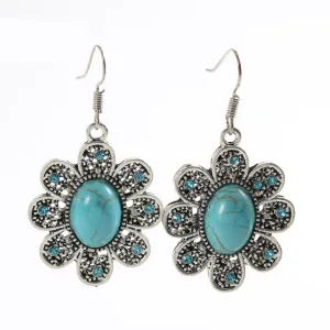 Brand designer New Fashion Simple Geometric flower blue gem Bohemia Retro big Turquoise earrings for women flower long earring